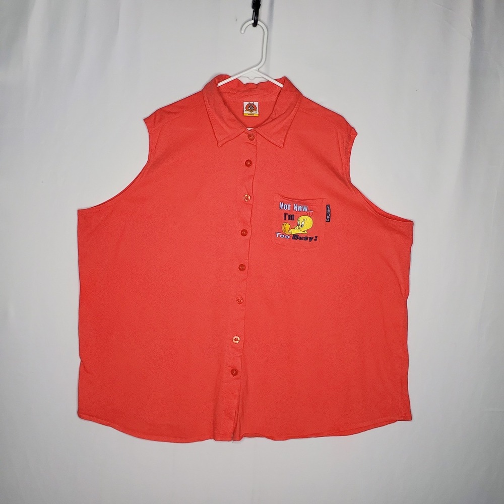 Looney Tunes Tweety Bird Button Collar Shirt Women 26/28 Sleeveless Coral Cotton